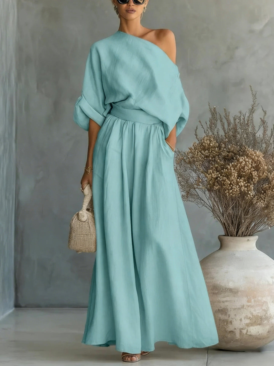 Womens One-Shoulder Linen Maxi Set - Top & A-Line Skirt
