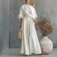 Womens One-Shoulder Linen Maxi Set - Top & A-Line Skirt