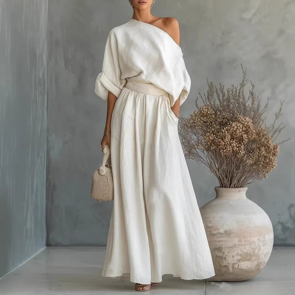 Womens One-Shoulder Linen Maxi Set - Top & A-Line Skirt
