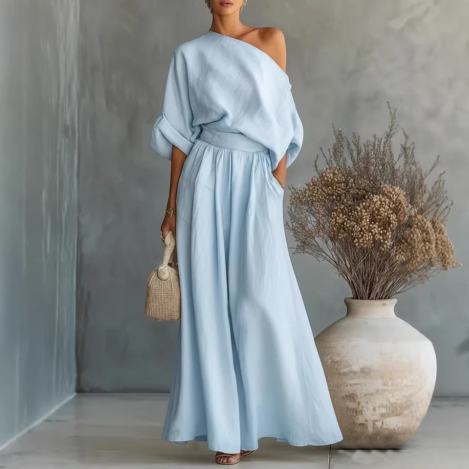 Womens One-Shoulder Linen Maxi Set - Top & A-Line Skirt