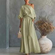 Womens One-Shoulder Linen Maxi Set - Top & A-Line Skirt