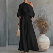 Womens One-Shoulder Linen Maxi Set - Top & A-Line Skirt