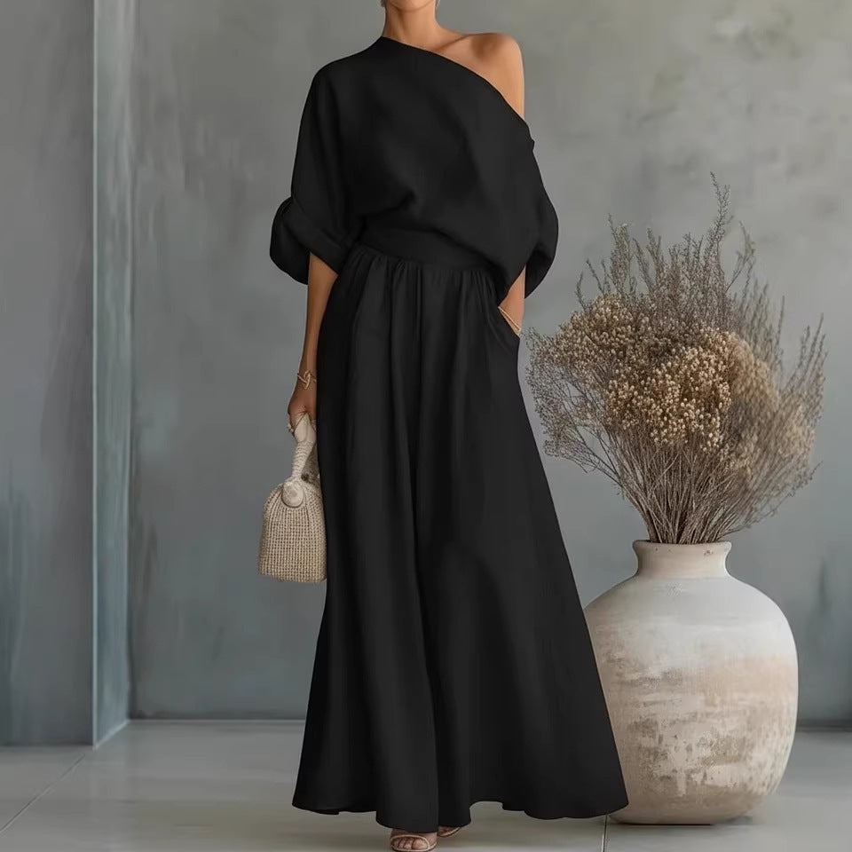 Womens One-Shoulder Linen Maxi Set - Top & A-Line Skirt