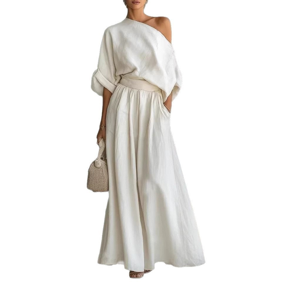 Womens One-Shoulder Linen Maxi Set - Top & A-Line Skirt