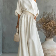 Womens One-Shoulder Linen Maxi Set - Top & A-Line Skirt