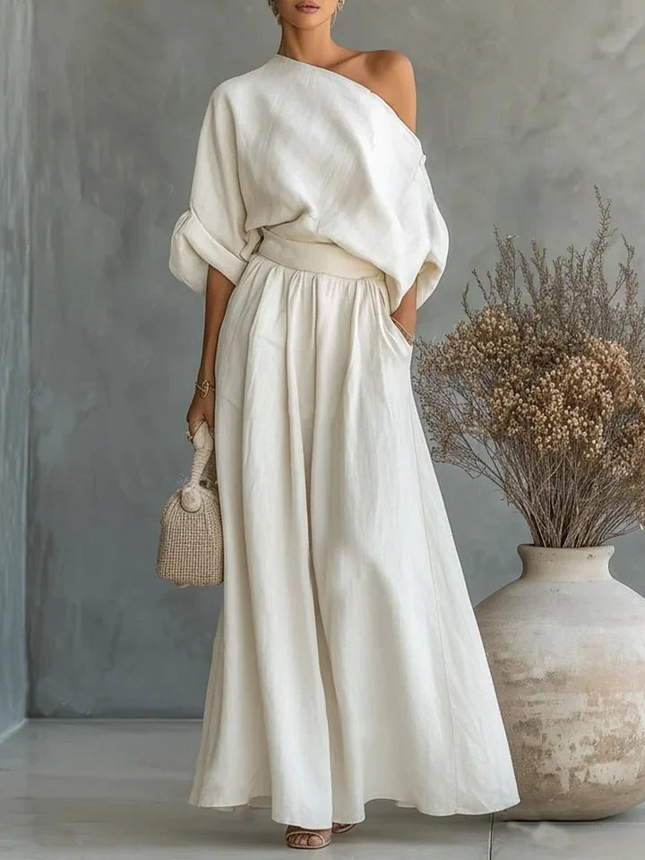 Womens One-Shoulder Linen Maxi Set - Top & A-Line Skirt