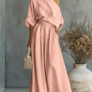 Womens One-Shoulder Linen Maxi Set - Top & A-Line Skirt