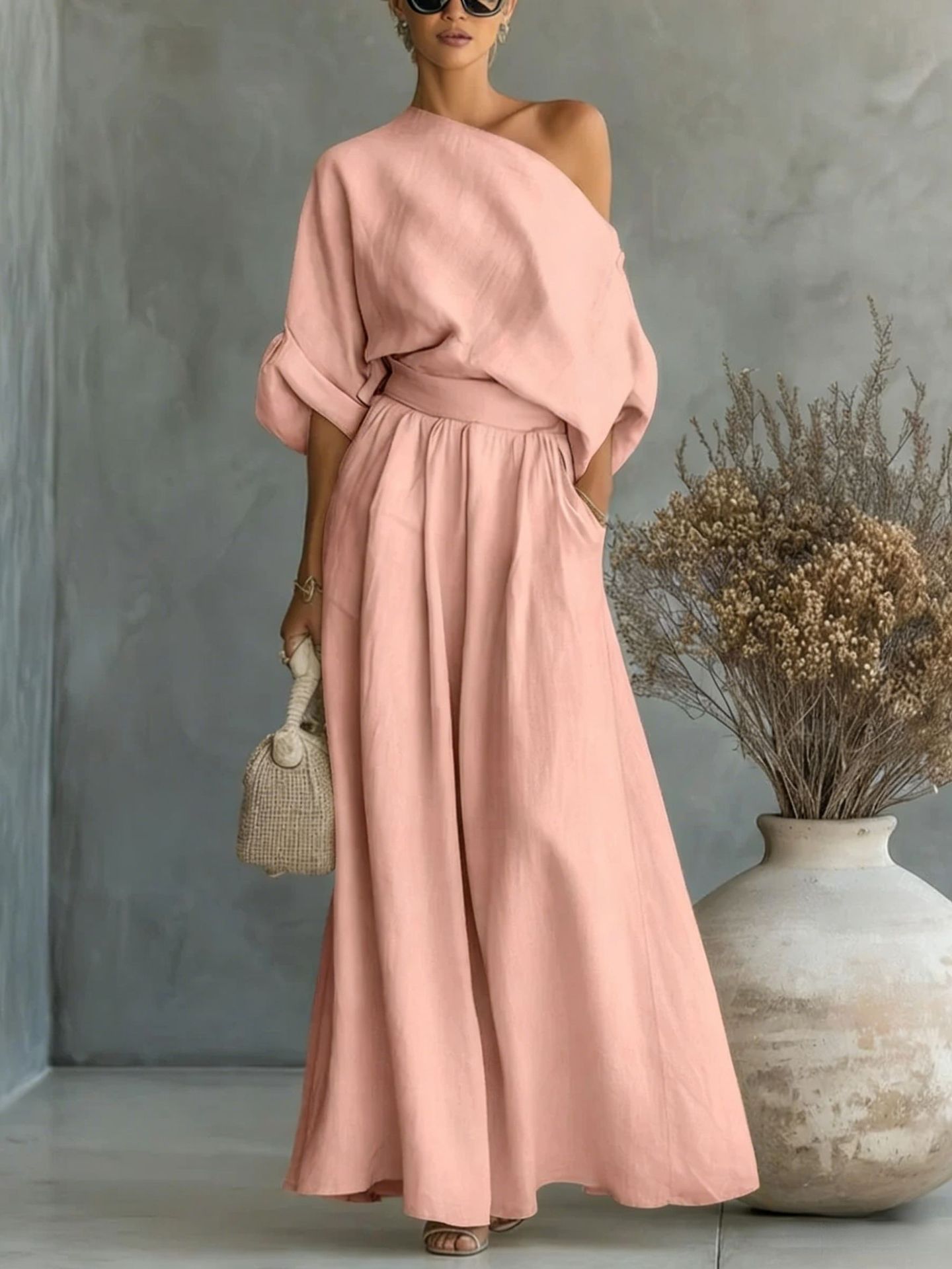 Womens One-Shoulder Linen Maxi Set - Top & A-Line Skirt