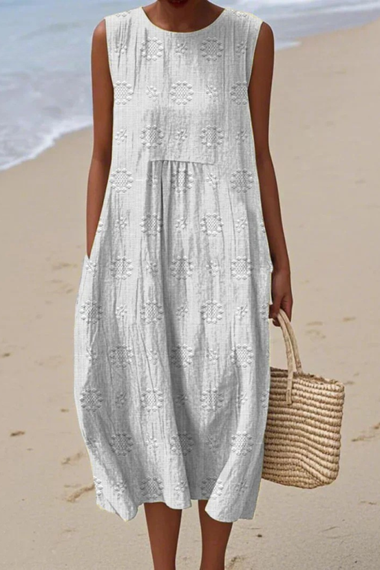 Womens Sleeveless Embroidered Dress - Relaxed Midi Style