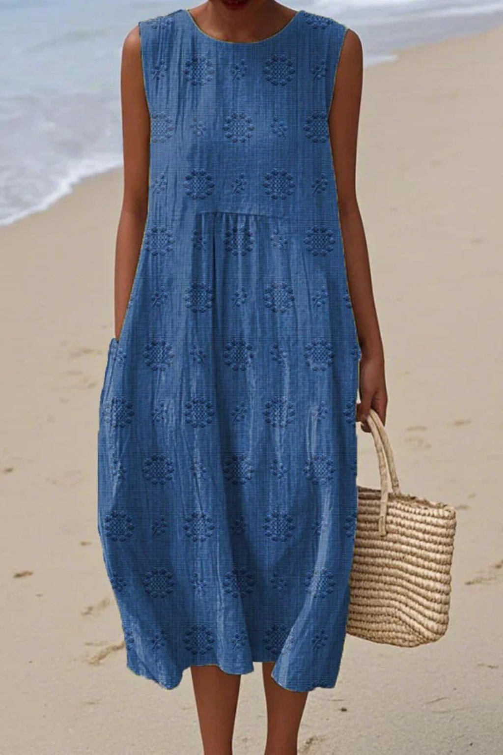 Womens Sleeveless Embroidered Dress - Relaxed Midi Style