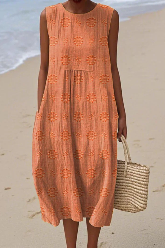 Womens Sleeveless Embroidered Dress - Relaxed Midi Style