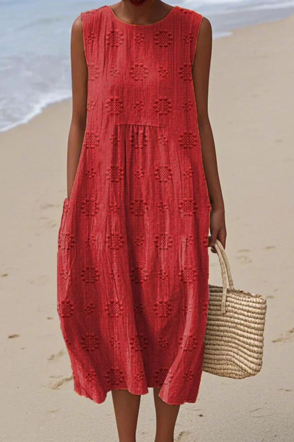 Womens Sleeveless Embroidered Dress - Relaxed Midi Style