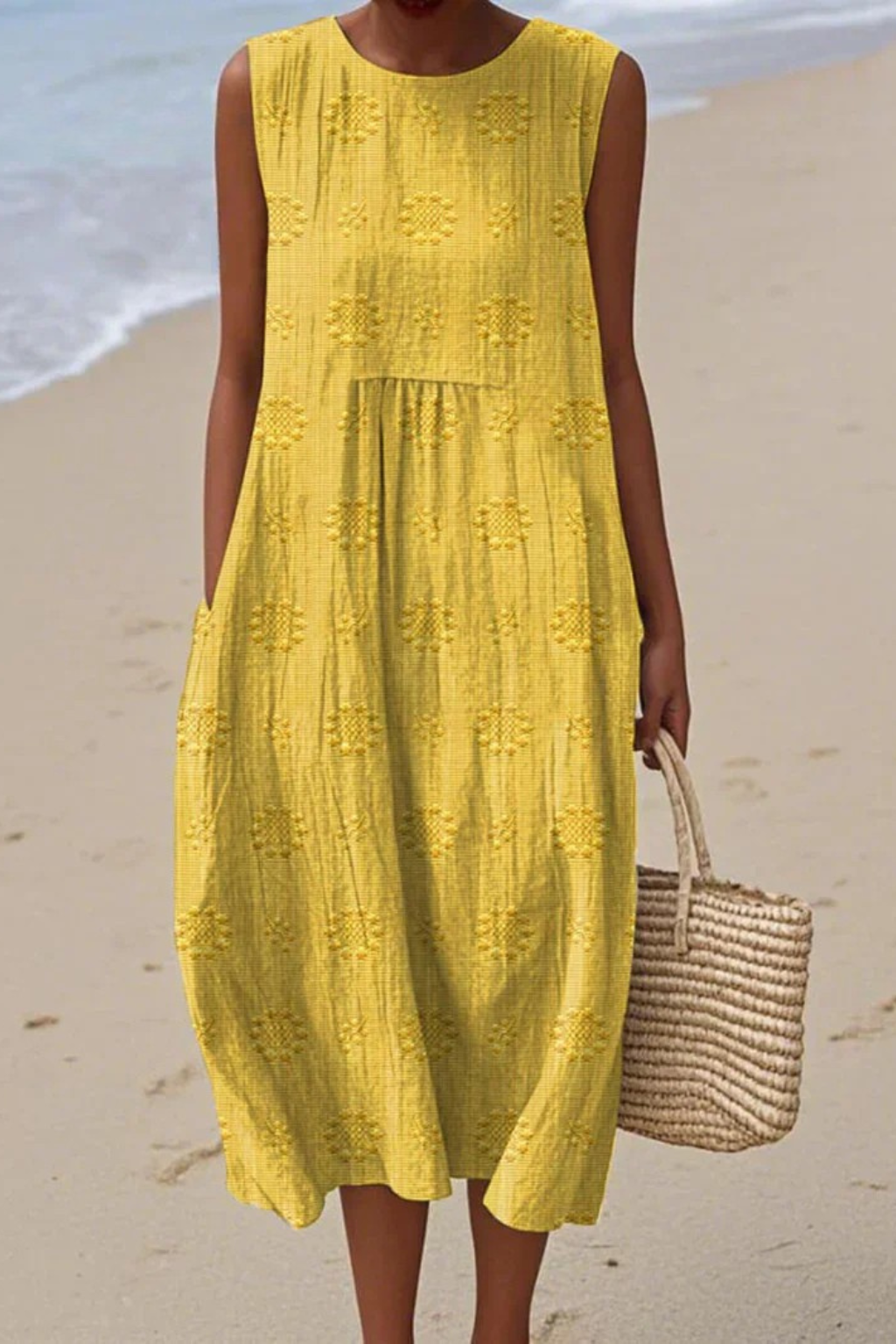 Womens Sleeveless Embroidered Dress - Relaxed Midi Style