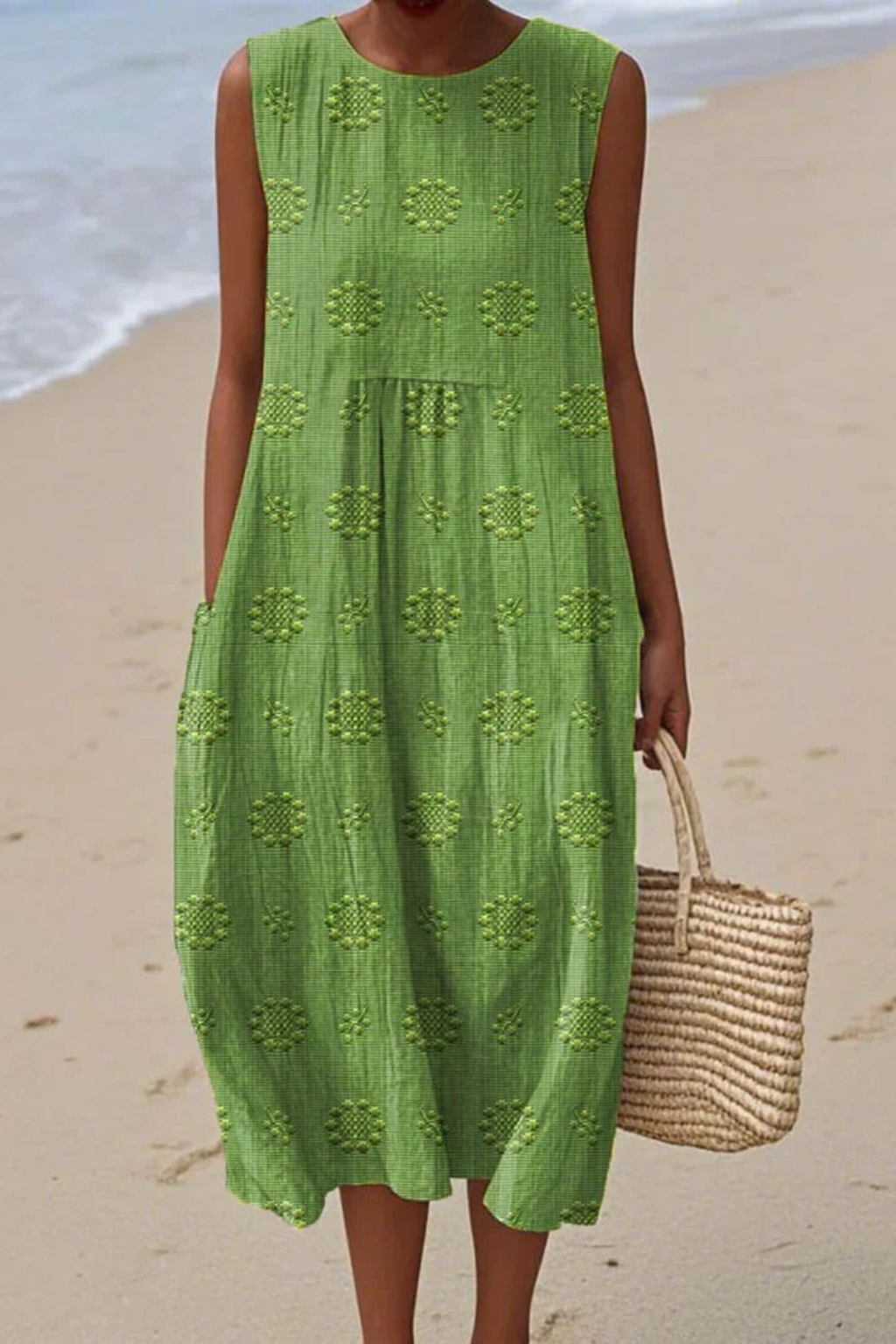 Womens Sleeveless Embroidered Dress - Relaxed Midi Style