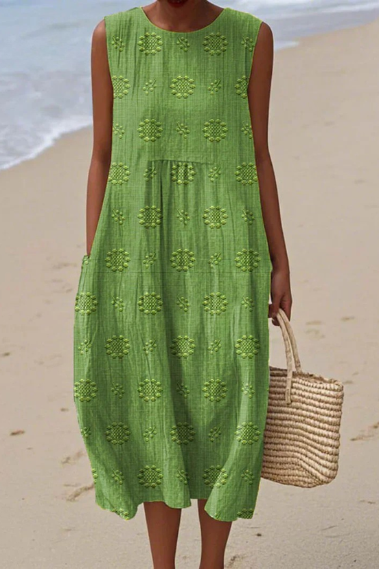 Womens Sleeveless Embroidered Dress - Relaxed Midi Style