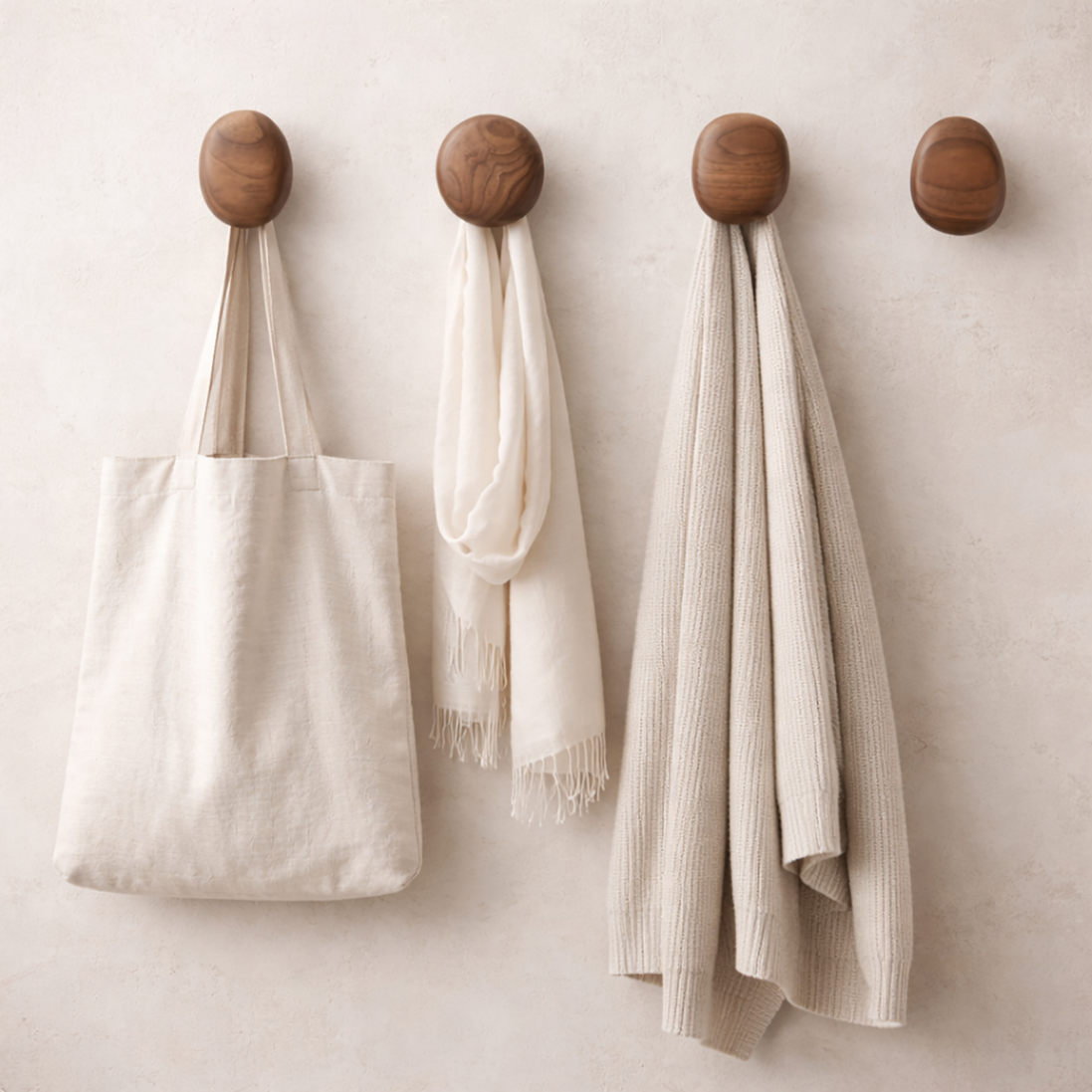 Wooden Wall Hooks - Scandinavian Coat Hooks, Set of 4
