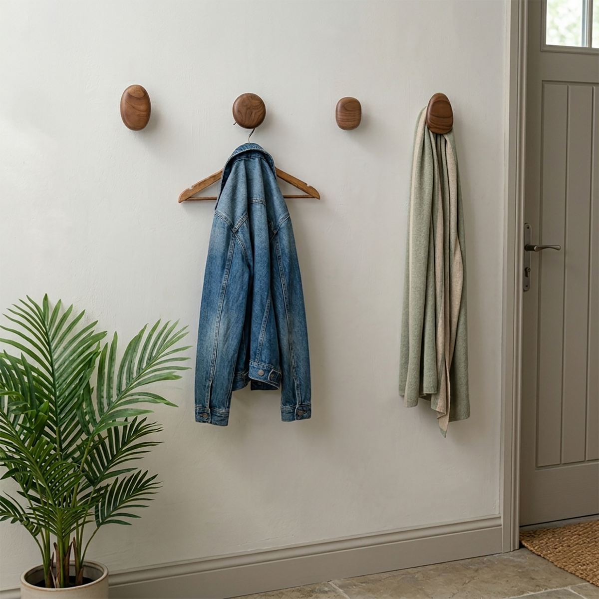 Wooden Wall Hooks - Scandinavian Coat Hooks, Set of 4
