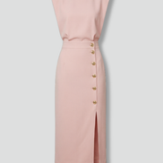 Womens Midi Dress - Round Neck Sleeveless with Button Slit