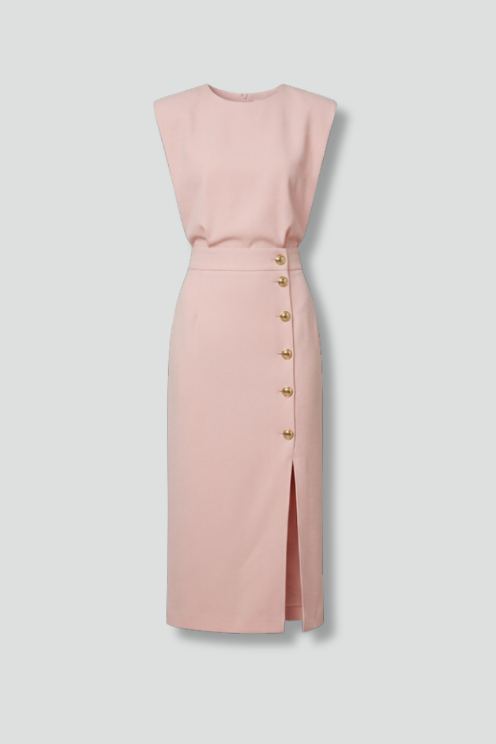 Womens Midi Dress - Round Neck Sleeveless with Button Slit