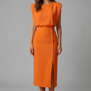 Womens Midi Dress - Round Neck Sleeveless with Button Slit
