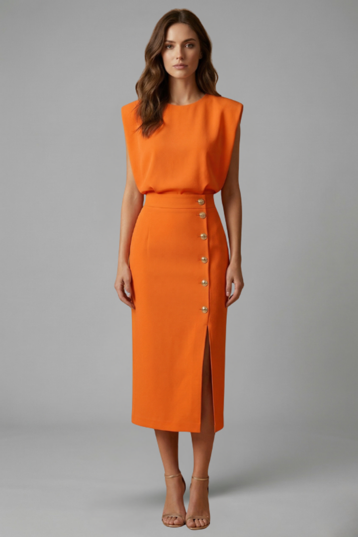 Womens Midi Dress - Round Neck Sleeveless with Button Slit