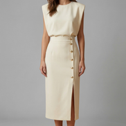 Womens Midi Dress - Round Neck Sleeveless with Button Slit