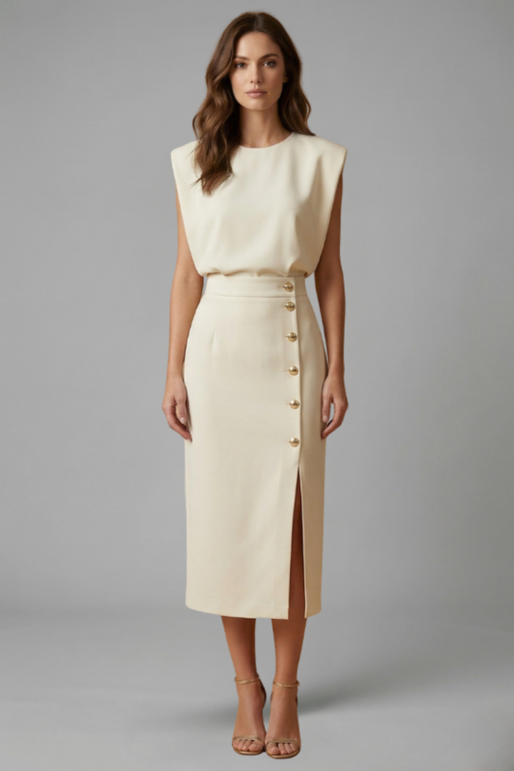 Womens Midi Dress - Round Neck Sleeveless with Button Slit