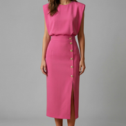 Womens Midi Dress - Round Neck Sleeveless with Button Slit