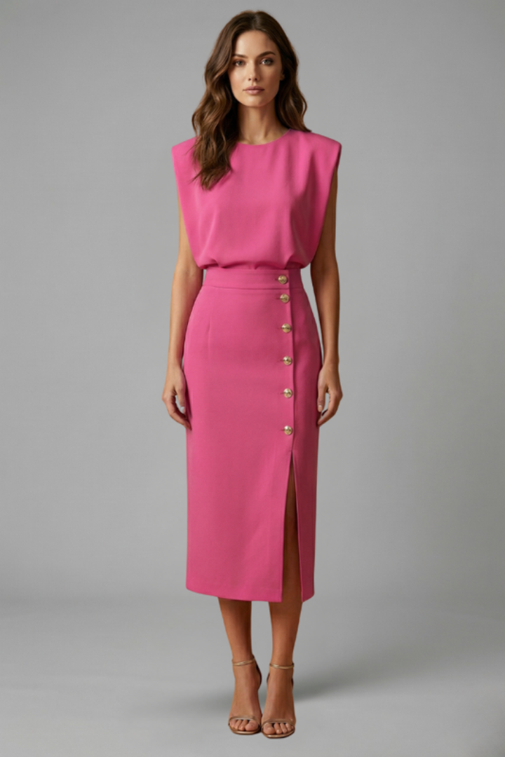 Womens Midi Dress - Round Neck Sleeveless with Button Slit