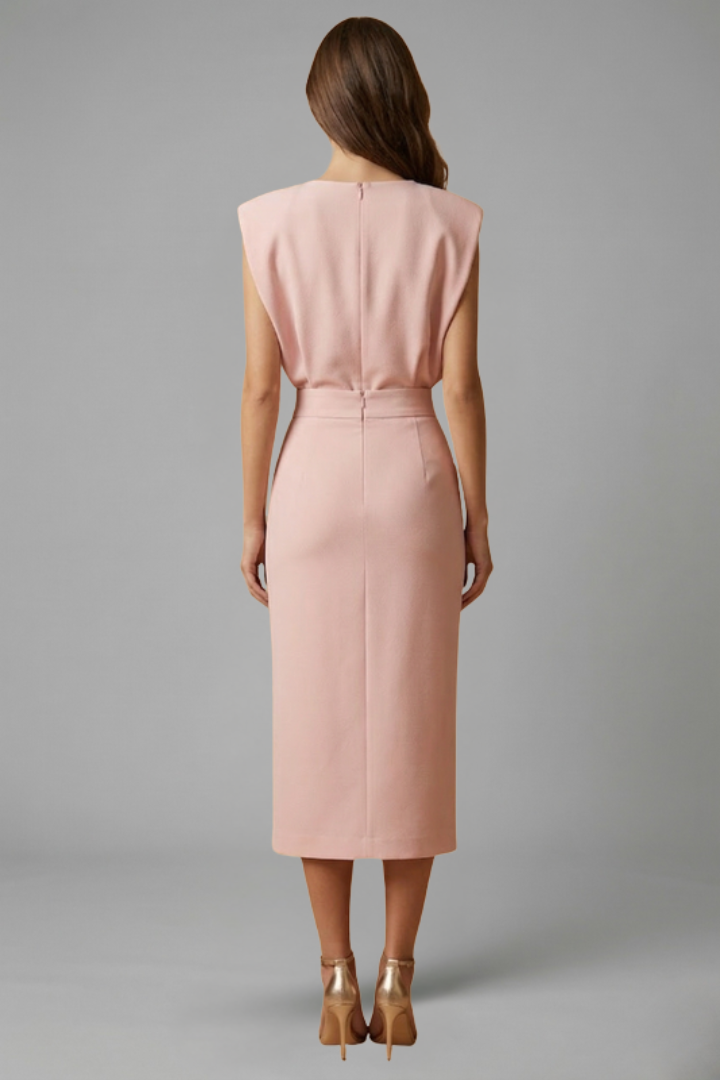 Womens Midi Dress - Round Neck Sleeveless with Button Slit
