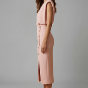 Womens Midi Dress - Round Neck Sleeveless with Button Slit