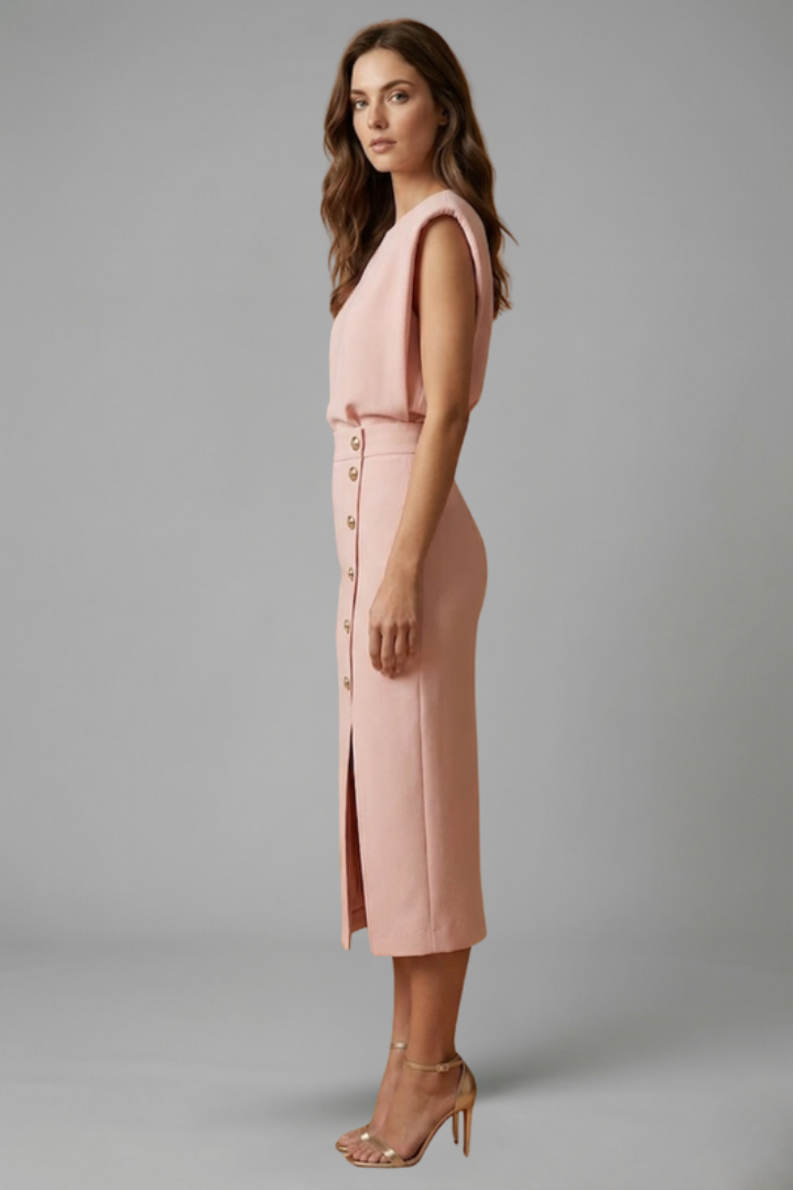 Womens Midi Dress - Round Neck Sleeveless with Button Slit