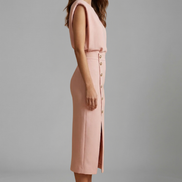 Womens Midi Dress - Round Neck Sleeveless with Button Slit