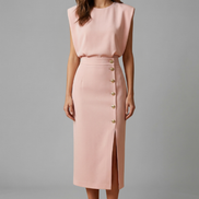 Womens Midi Dress - Round Neck Sleeveless with Button Slit