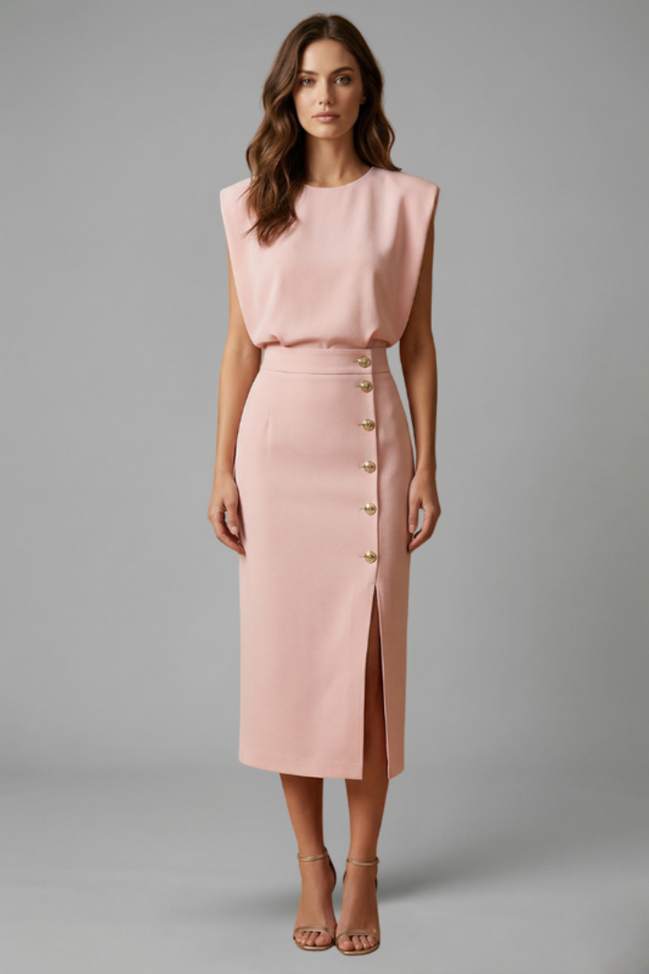 Womens Midi Dress - Round Neck Sleeveless with Button Slit