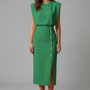 Womens Midi Dress - Round Neck Sleeveless with Button Slit