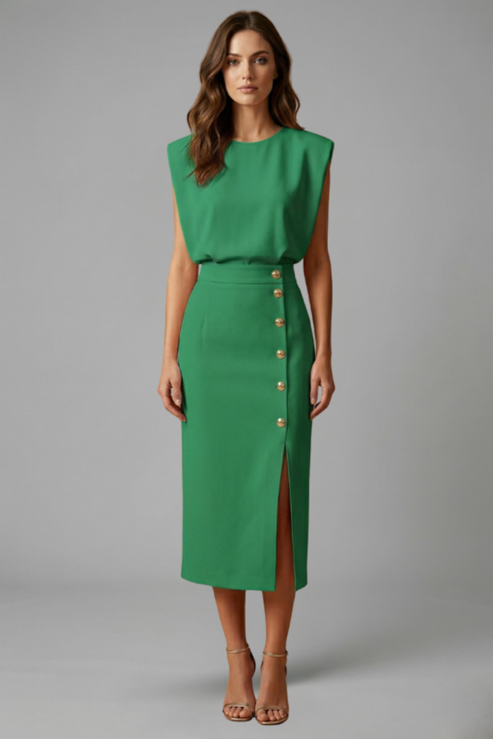 Womens Midi Dress - Round Neck Sleeveless with Button Slit