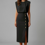Womens Midi Dress - Round Neck Sleeveless with Button Slit