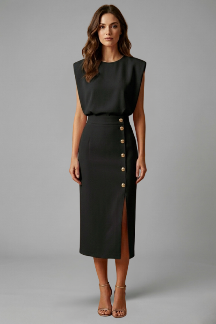 Womens Midi Dress - Round Neck Sleeveless with Button Slit