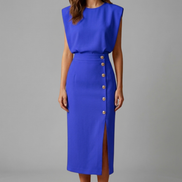 Womens Midi Dress - Round Neck Sleeveless with Button Slit