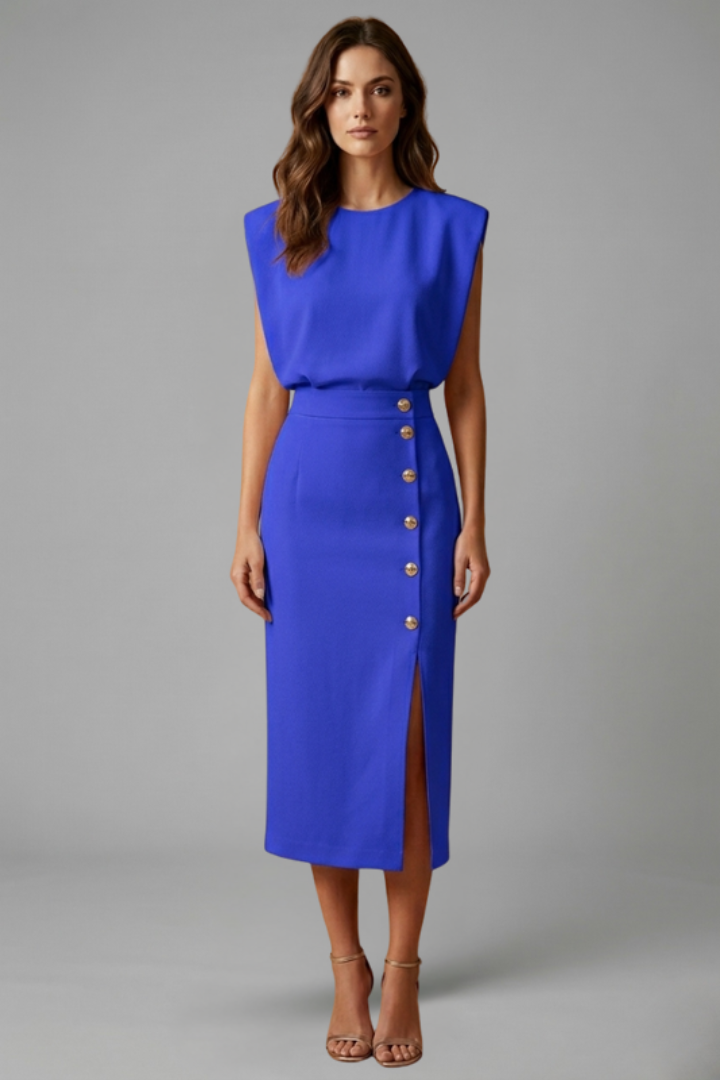 Womens Midi Dress - Round Neck Sleeveless with Button Slit