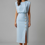 Womens Midi Dress - Round Neck Sleeveless with Button Slit