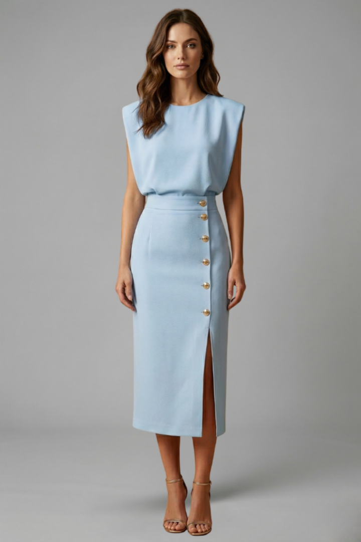 Womens Midi Dress - Round Neck Sleeveless with Button Slit