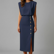 Womens Midi Dress - Round Neck Sleeveless with Button Slit