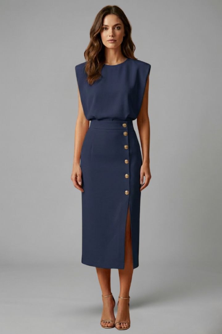 Womens Midi Dress - Round Neck Sleeveless with Button Slit