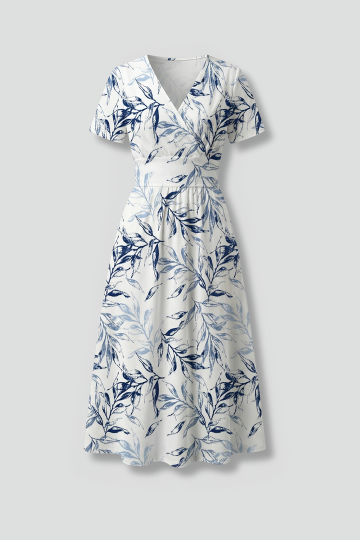Womens Floral Midi Dress - V-Neck A-Line with Short Sleeves