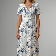 Womens Floral Midi Dress - V-Neck A-Line with Short Sleeves