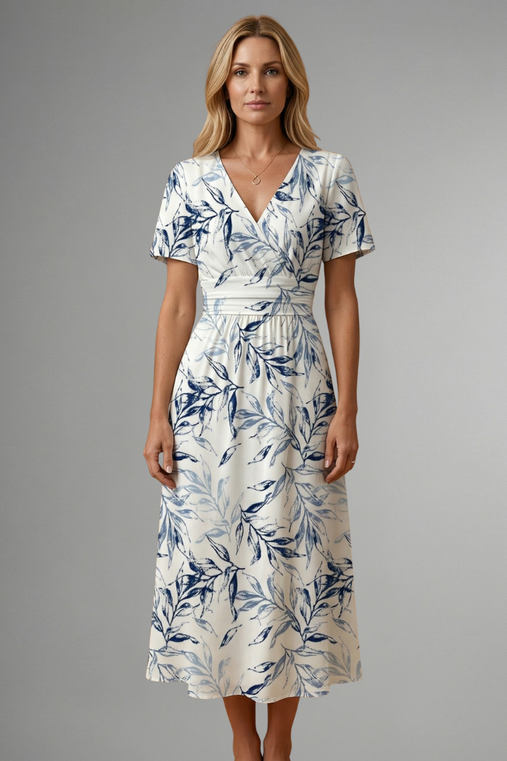 Womens Floral Midi Dress - V-Neck A-Line with Short Sleeves