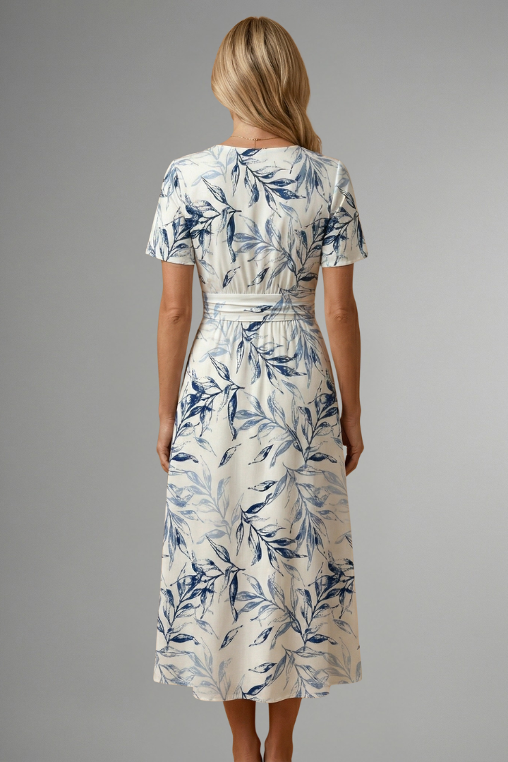 Womens Floral Midi Dress - V-Neck A-Line with Short Sleeves