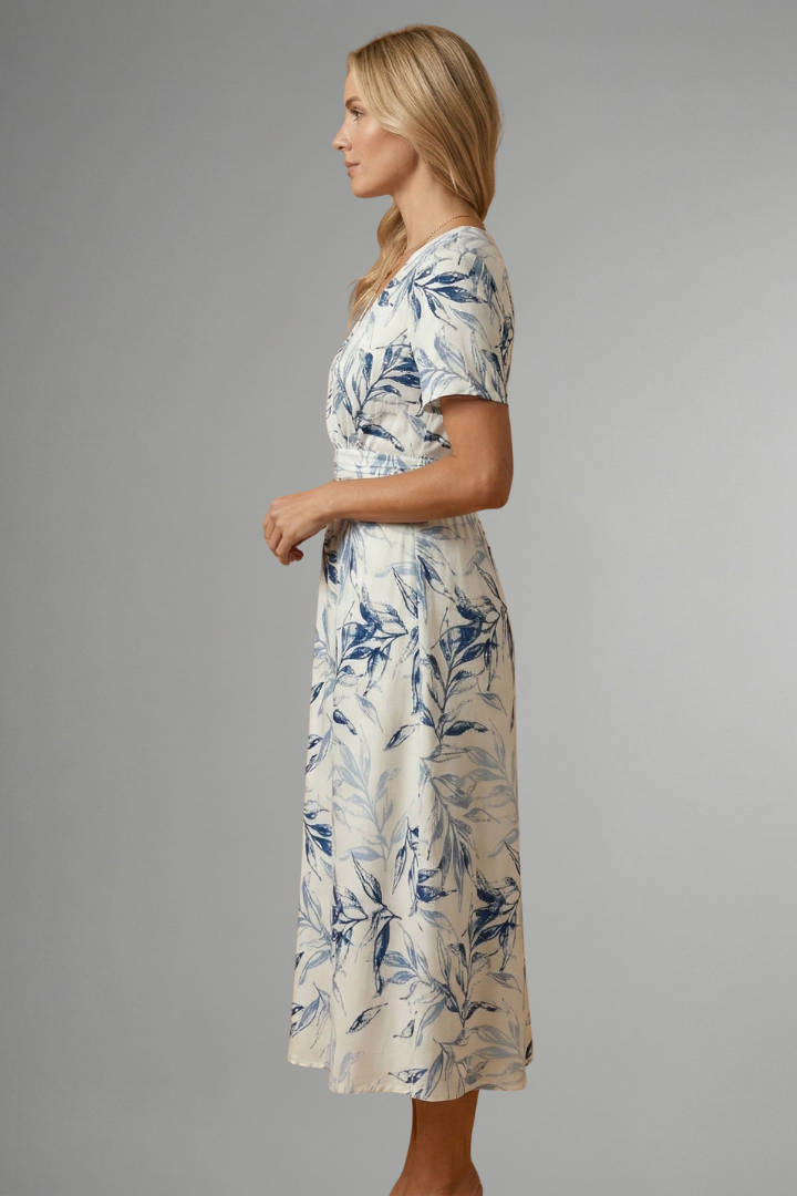 Womens Floral Midi Dress - V-Neck A-Line with Short Sleeves